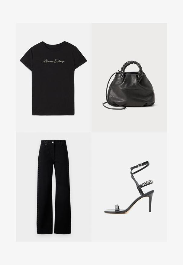 Schwarzes Baumwoll-T-Shirt mit kurzen Ärmeln und Rundhalsausschnitt, verziert mit einem kursiven "Armani Exchange"-Logo in Weiß.; Schwarze High-Waist-Jeans mit weitem Bein, ausgestattet mit einem strukturierten seitlichen Akzent und einem Knopfverschluss. Klassisches Fünf-Taschen-Design und eine glatte Oberfläche.; Schwarze Sandalette mit hohem Absatz, schlankem Knöchelriemen, Mittelriemen verziert mit silbernen Kettengliedern und offenem Zehendesign.; Schwarze Lederhandtasche mit geflochtenen Griffen, weicher Textur, runder Form und einem verstellbaren Schultergurt. Schlichtes, ungeschmücktes Design.