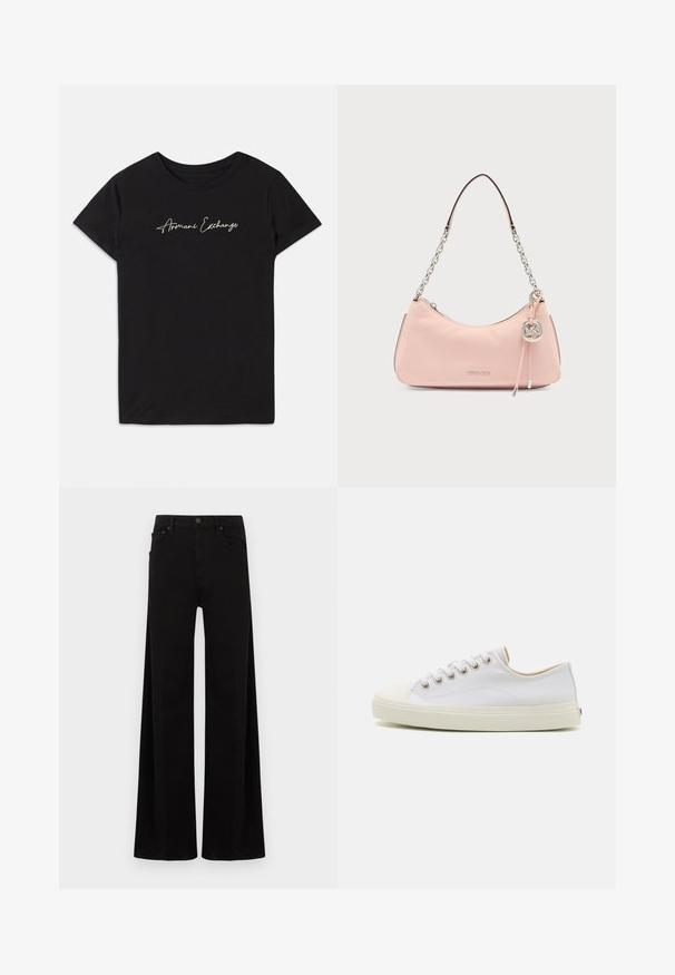 Sort bomulds T-shirt med korte ærmer og rund halsudskæring, prydet med et kursiv "Armani Exchange" logo i hvid.; Sort viddeben jeansbukser i denim med høj talje, forlommer og en enkel lukning med metal-knap.; Læder sneakers i hvid med rund tå, snørebånd foran og cremefarvet gummisål. Har metaløjer og syet detaljer.; Lyserød læder skuldertaske med sølvkæde-strop og Michael Kors-logo ved lynlåstrækkeren foran.