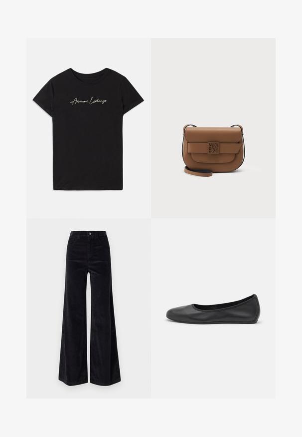 Zwarte katoenen T-shirt met korte mouwen en een ronde hals, voorzien van een cursief "Armani Exchange" logo in het wit.; Zwarte corduroy wijde broek met een hoge taille, knoopsluiting en voorkwasten. Gladde textuur met een verticale ribbelstructuur.; Zwarte leren ballerina met een ronde neus, gladde textuur, minimale stikdetails en een flexibele zoolontwerp.; Bruine leren crossbodytas met voorflap en decoratieve vierkante logosluiting, verstelbare riem en gladde textuur tegen een neutrale achtergrond.