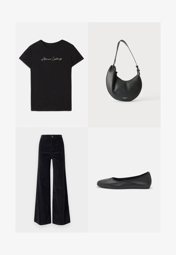 Sort bomulds T-shirt med korte ærmer og rund halsudskæring, prydet med et kursiv "Armani Exchange" logo i hvid.; Sorte fløjl brede bukser med høj talje, knaplukning og frontlommer. Glat tekstur med lodret ribbet mønster.; Sort læderballetsko med rund tå, glat tekstur, minimal syning og et fleksibelt såldesign.; Sort læder skuldertaske i halvmåneform med justerbar rem og lille hvid logo tekst foran mod en lys baggrund.