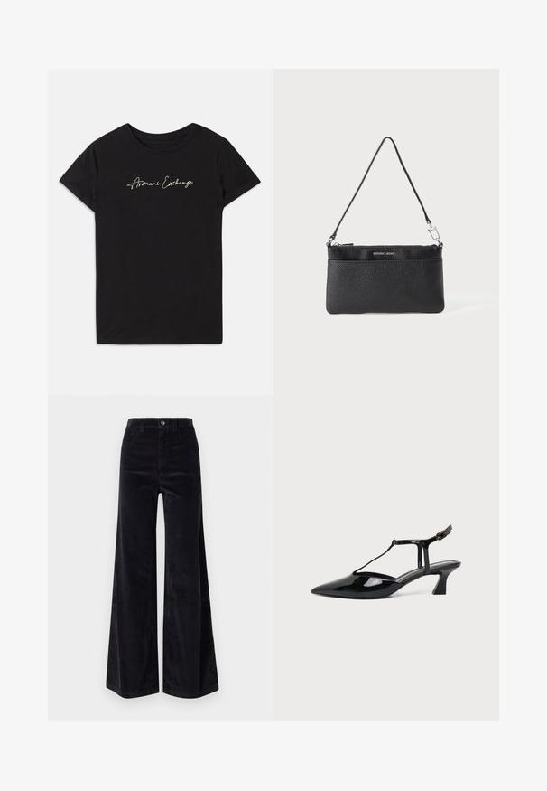 Schwarzes Baumwoll-T-Shirt mit kurzen Ärmeln und Rundhalsausschnitt, verziert mit einem kursiven "Armani Exchange"-Logo in Weiß.; Schwarze Cordbrett-Hosen mit weitem Bein, die eine hohe Taille, einen Knopfverschluss und vordere Taschen aufweisen. Glatte Textur mit vertikalem Rippmuster.; Schwarzer Slingback-Damenschuh aus Lackleder mit niedrigem Absatz, spitzer Spitze und dünnem Riemen mit kleiner Schnalle.; Schwarze Leder-Wristlet, strukturierte Oberfläche, Reißverschlussverschluss, silberfarbene Hardware, Markenlogo, verstellbarer Riemen. Kompakter und rechteckiger Zuschnitt.