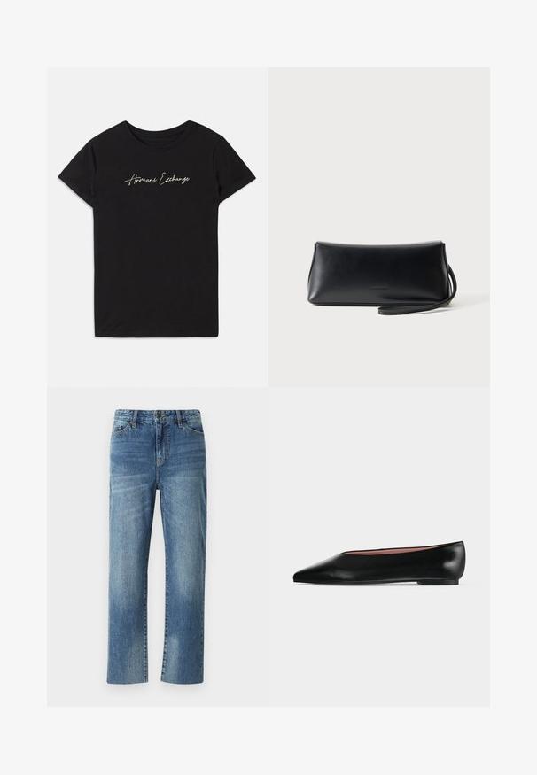 Zwarte katoenen T-shirt met korte mouwen en een ronde hals, voorzien van een cursief "Armani Exchange" logo in het wit.; Blauwe denim jeans met een rechte pijp, voorzien van een knoopsluiting, voorzakken en een vervaagde textuur door het hele ontwerp.; Zwarte leren damesschoen met platte zool, puntige neus en lage hak, zijwaarts afgebeeld tegen een effen lichtgrijze achtergrond.; Zwarte gladde leren clutch met smalle polsband, rechthoekige vorm en subtiel geperst logo in het midden aan de voorkant.