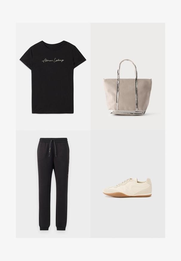 Sort bomulds T-shirt med korte ærmer og rund halsudskæring, prydet med et kursiv "Armani Exchange" logo i hvid.; Sorte joggers lavet af blødt bomuld med elastisk talje og snoretræk. Har ribbede manchetter og broderet tekst på siden.; Lyse beige sneakers med en tekstureret læderoverdel, teksturerede sider og en gummisål. Har et slankt, strømlinet design og flade snørebånd.; Beige tote-taske med skinnende sølvglimmerkant langs håndtagene og nederste kant, vist på ensfarvet lys baggrund.