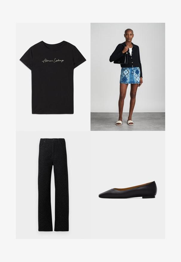 Schwarzes Baumwoll-T-Shirt mit kurzen Ärmeln und Rundhalsausschnitt, verziert mit einem kursiven "Armani Exchange"-Logo in Weiß.; Schwarze Denim-Hose mit geradem Bein, das mit einem strukturierten Muster aus kleinen Punkten und fünf Taschen ausgestattet ist, einschließlich Vorder- und Rückentaschen.; Schwarzer flacher Schuh aus Leder mit spitz zulaufender Vorderkappe, niedrigem Absatz und glatter Oberfläche, von der Seite vor einem hellgrauen Hintergrund dargestellt.; Schwarze Strickjacke, weißes Oberteil, Jeansrock mit blauem und schwarzem Diamantenmuster, schwarze Handtasche und beige Rutschsandalen.