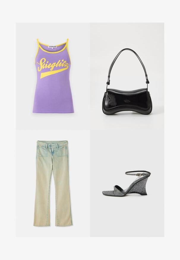 Camiseta de tirantes morada con ribete amarillo, que presenta un gran logo en cursiva blanca "Stieglitz". Material de algodón suave, diseño ajustado.; Jeans de mezclilla azul claro de campana con un acabado deslavado, que cuentan con pasadores para cinturón, dos bolsillos delanteros y dos traseros con detalles de costura.; Sandalia de cuña con brillo plateado, puntera abierta, hebilla dorada en el tobillo, vista lateral sobre fondo claro liso.; Bolso de mano de charol negro con forma curvada, un solo asa y fondo redondeado. Presenta un sutil detalle de logo en la parte frontal.