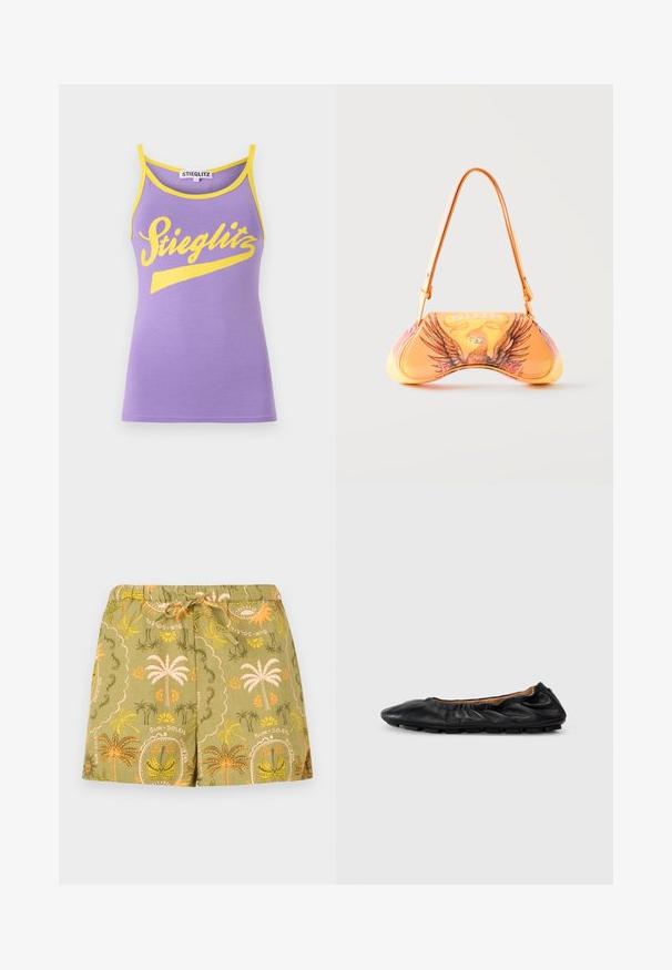 Lilla tanktop med gul trim, prydet med et stort hvidt kursiv "Stieglitz" logo. Blødt bommateriale, slank pasform.; Olivengrønne shorts med elastisk taljebånd og snøre, med orange og gule palmetræer og blomsterprint samt teksten "sun" og "soleil".; Sort læder balletflade med samlet detaljering ved kraven, rund tå og fleksibel gummisål. Glat tekstur hele vejen igennem.; Orange håndtaske med ørnegrafik og teksten "DIESEL", med en buet form og en enkelt skulderrem mod en ensfarvet baggrund.