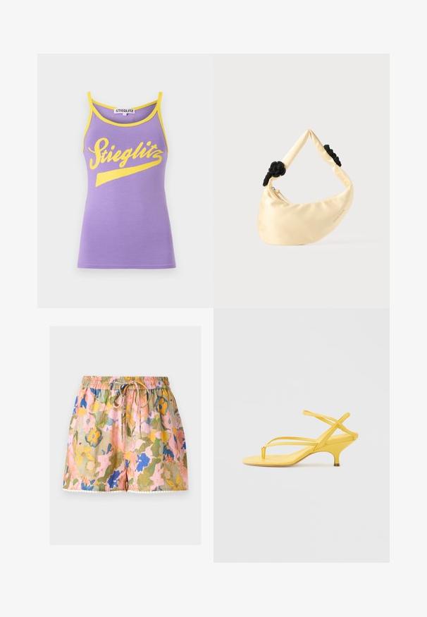 Lilla tanktop med gul trim, prydet med et stort hvidt kursiv "Stieglitz" logo. Blødt bommateriale, slank pasform.; Shorts med elastisk talje og snøre, flerfarvet blomsterprint i pink, gul, blå og grøn, og med små hvide pomponer ved kanten.; Gul remsandale med et minimalistisk design, der har en tynd tåstrop og en lav, solid hæl. Glat tekstur, slank silhuet.; Skuldertaske i cremefarvet satin med to sorte flettede knuder på remmen og en synlig lynlåslukning.