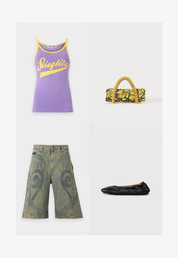 Camiseta de tirantes morada con ribete amarillo, que presenta un gran logo en cursiva blanca "Stieglitz". Material de algodón suave, diseño ajustado.; Paolina Russo Shorts vaqueros - sand; Bailarina de cuero negro con detalles fruncidos en el cuello, punta redondeada y suela de goma flexible. Textura suave en toda su superficie.; Bolsa rectangular con patrón floral en amarillo y negro y asa trenzada amarilla y rosa sobre fondo blanco.