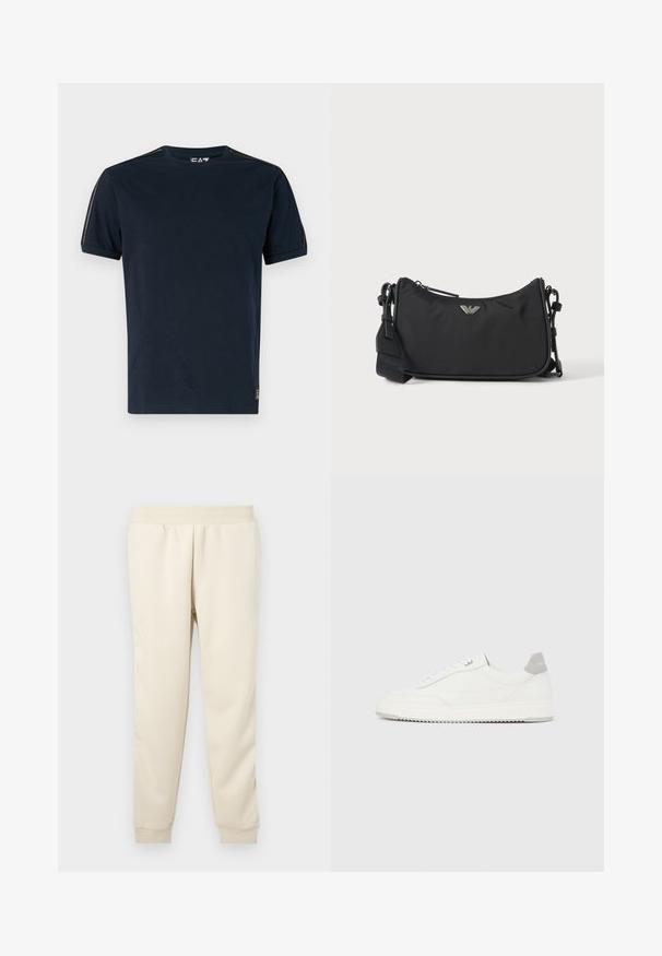 Marineblaue T-Shirt aus Baumwolle mit kurzen Ärmeln, runder Halslinie und strukturierten Akzenten an den Schultern. Logo auf der unteren linken Seite.; Helle beige Sweatpants aus weichem Stoff mit taillierter Passform, elastischem Bund und Bündchen an den Knöcheln. Keine sichtbaren Muster oder Akzente.; Weißer Sneaker mit niedrigem Schaft, grauem Fersenlaschen, weißen Schnürsenkeln und einer strukturierten Sohle, dargestellt vor einem schlichten hellen Hintergrund.; Schwarze rechteckige Crossbody-Tasche mit silbernem Markenlogo-Emblem und verstellbarem Riemen auf hellem Hintergrund.