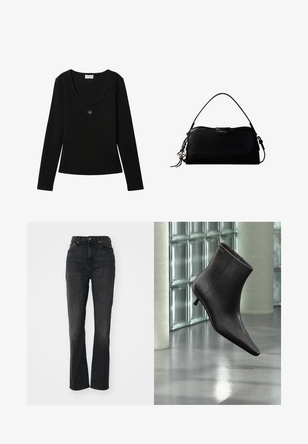 Sort langærmet ribbet top med rund halsudskæring og lille Calvin Klein logo patch centreret på brystet.; Højtaljede sorte denim jeans med lige ben, fem-lomme design, frontlukning med knap og minimal syning.; Sort læderankelstøvle med spids tå og lille hæl vist mod en væg af glasblokke og poleret gulv baggrund.; Sort rektangulær Calvin Klein håndtaske med enkelt toprem, sølvlogo vedhæng og lille klaplukning foran.