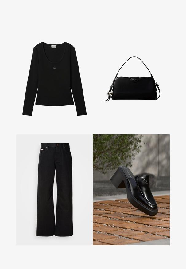 Sort langærmet ribbet top med rund halsudskæring og lille Calvin Klein logo patch centreret på brystet.; Sorte breddebenede jeans lavet af bomuld. Har forlommer, en knaplukning og en klassisk denimtekstur. Minimalistisk design uden mønstre.; Sort læder Calvin Klein slip-on mule med blokhæl, der hviler på trætøj udendørs nær en grøn plante og en grå væg.; Sort rektangulær Calvin Klein håndtaske med enkelt toprem, sølvlogo vedhæng og lille klaplukning foran.