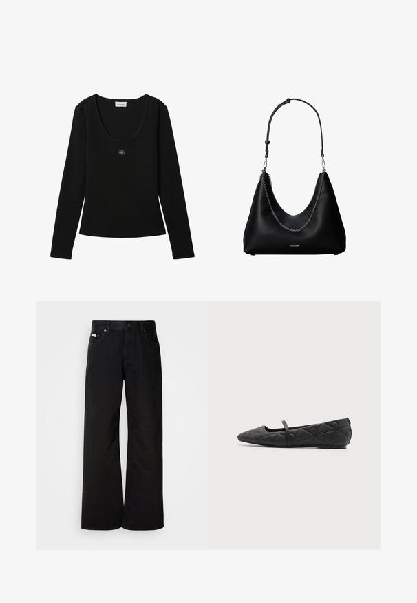 Sort langærmet ribbet top med rund halsudskæring og lille Calvin Klein logo patch centreret på brystet.; Sorte breddebenede jeans lavet af bomuld. Har forlommer, en knaplukning og en klassisk denimtekstur. Minimalistisk design uden mønstre.; Sort flad sko med spids tå, quiltede geometriske mønstre og en tynd rem over vristen på en ensfarvet baggrund.; Sort læderhåndtaske med sølvkæde detalje og justerbar skulderrem, med Calvin Klein-logo på forsiden.