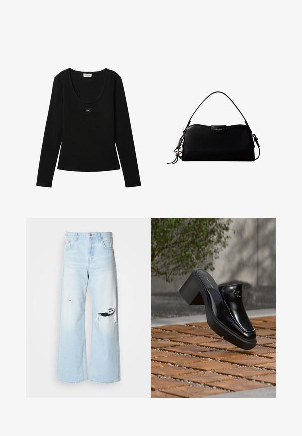 Top negro de manga larga acanalado con escote redondo y pequeño parche con el logo de Calvin Klein centrado en el pecho.; Pantalones vaqueros de pierna ancha en azul claro, confeccionados en denim, con una cintura alta, grandes desgastes en las rodillas y un diseño clásico de cinco bolsillos con herrajes de cobre.; Mule tipo slip-on de cuero negro de Calvin Klein con tacón de bloque descansando sobre baldosas de madera al aire libre cerca de una planta verde y una pared gris.; Bolso rectangular negro de Calvin Klein con una única correa superior, dije con el logo plateado y un pequeño cierre de solapa en la parte frontal.