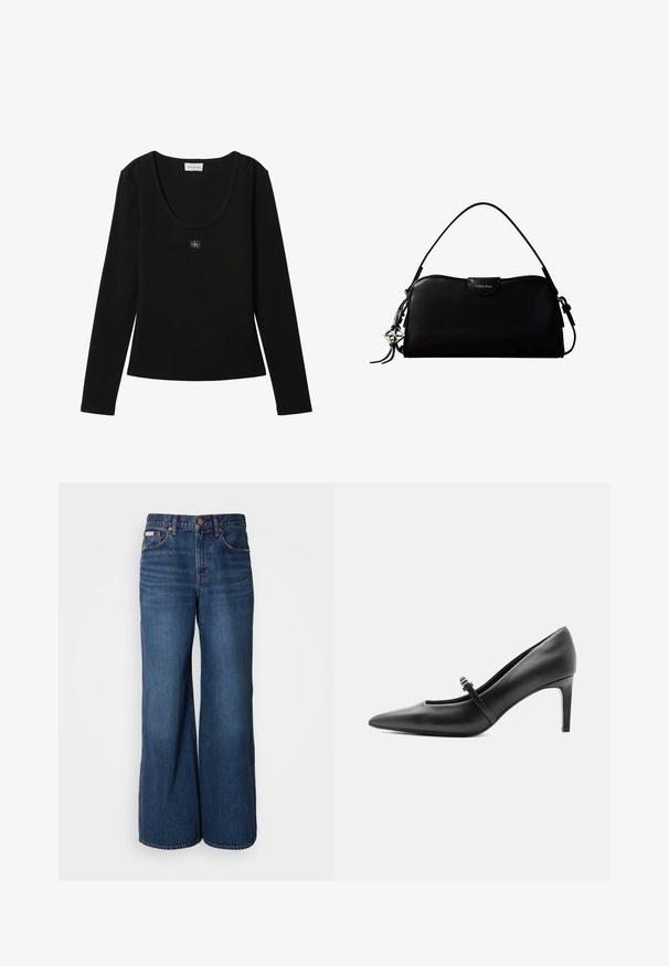 Sort langærmet ribbet top med rund halsudskæring og lille Calvin Klein logo patch centreret på brystet.; Bredde jeans lavet af mørkeblåt denim. Funktioner inkluderer en høj talje, fem lommer og kontrasterende orange syninger langs sømmene.; Sort læderspids højhælede sko med tynd rem og spænde over vristen, stående på en neutral lys baggrund.; Sort rektangulær Calvin Klein håndtaske med enkelt toprem, sølvlogo vedhæng og lille klaplukning foran.