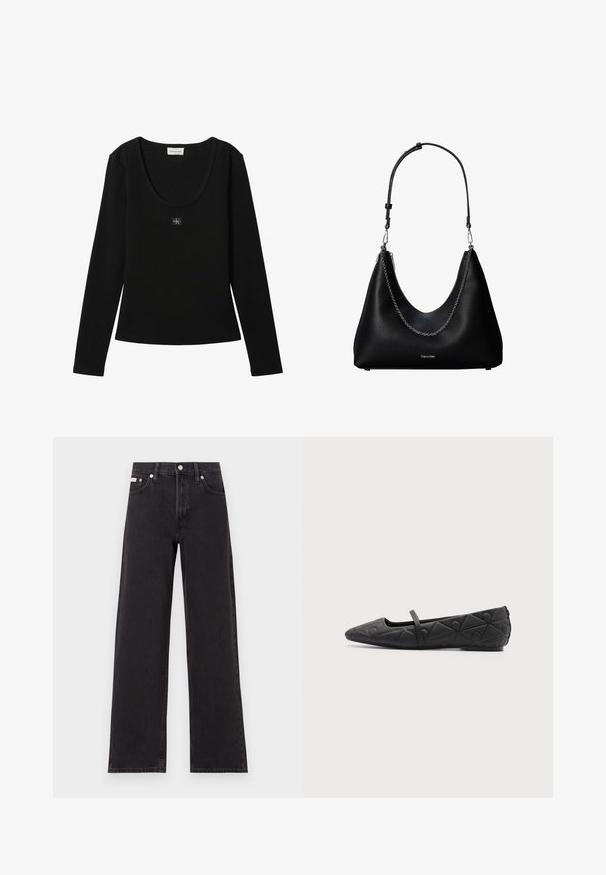 Sort langærmet ribbet top med rund halsudskæring og lille Calvin Klein logo patch centreret på brystet.; Sorte vidde jeans lavet af denim, med høj talje, fem-lomme stil og en metalknap lukning med kontrasterende syninger.; Sort flad sko med spids tå, quiltede geometriske mønstre og en tynd rem over vristen på en ensfarvet baggrund.; Sort læderhåndtaske med sølvkæde detalje og justerbar skulderrem, med Calvin Klein-logo på forsiden.