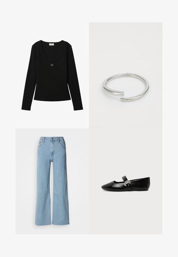 Top negro de manga larga acanalado con escote redondo y pequeño parche con el logo de Calvin Klein centrado en el pecho.; Vaqueros de pierna ancha en azul claro, fabricados en denim, con una cintura ajustada, diseño de cinco bolsillos y sutiles detalles de costura.; Zapato plano Mary Jane de cuero negro con punta redondeada y hebilla plateada sobre un fondo liso.; Calvin Klein SPIRAL - Pulsera - silver-coloured