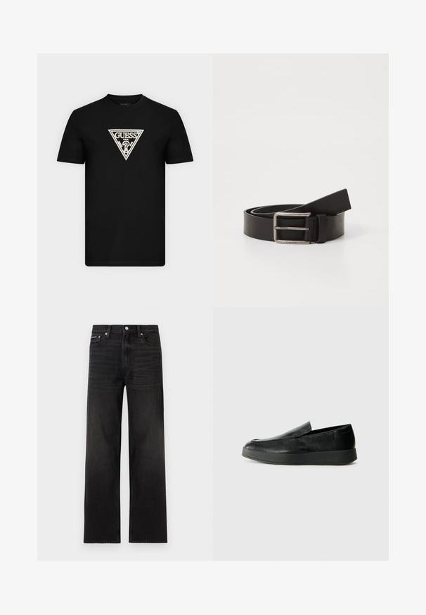Tricou negru cu mâneci scurte, cu logo Guess triunghiular alb și design cu semn de întrebare centrat pe piept.; Blugi negri cu croială dreaptă, design cu cinci buzunare, bucle pentru curea și închidere cu nasture, expuși pe un fundal alb.; Calvin Klein HYBRID CUP - Pantofi slip-on - triple black; Curea din piele neagră cu finisaj mat, dotată cu o cataramă metalică rectangulară și o curea pe care se află logo-ul Calvin Klein.
