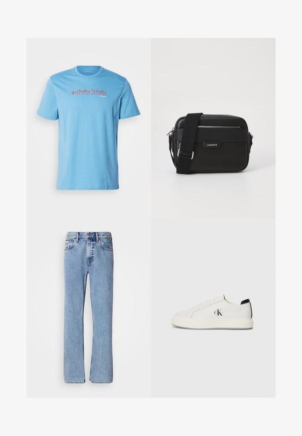 Vaaleansininen puuvillateeppari, jossa on lyhyet hihat ja pyöreä pääntie. Rintaosassa on rohkea "calvin klein" -logo punaisena.; Vaaleansiniset farkut, joissa on suora lahkeiden muotoilu, viisi taskua ja napitus. Ompeleet taskujen ja vyötärökaistaleen lähellä.; Valkoiset nahkakengät, joissa on pyöreä kärki, litteä kumipohja ja musta kantatuki. Sivussa on näyttävä musta Calvin Klein -logo.; Musta viestintälaukku, jossa on teksturoitua synteettistä materiaalia, hopeisia yksityiskohtia, säädettävä olkahihna, etupuolella logoplakaatti ja vetoketjukiinnitys.