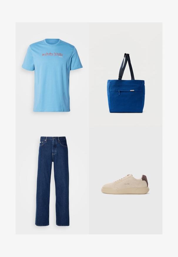 Hele sinine puuvillane T-särk, lühikeste varrukatega ja ümmarguse kaelusega, millel on riskantne "calvin klein" logo rinnal punases värvis.; Tumedat sinised teksapüksid laia säärega, millel on nupulehe ja klassikaline viie taskuga stiil. Kangas on sileda tekstuuriga.; Beige nabukist kingad ümmarguse nina, paeltega esiosas ja pruuni nabukist aktsendiga kanna osas. Omab tekstuuriga kummist tallat.; Sinine lõuendist õlakott esiktasku, topeltrihmade ja ristkülikukujulise kujundusega. Omab diskreetset brändi sildi detaili.