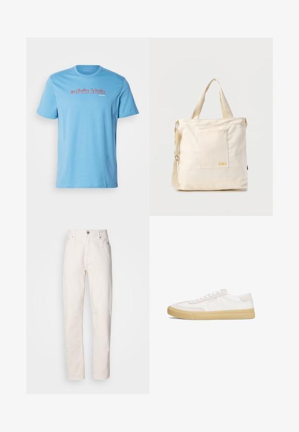 Svetlomodré bavlnené tričko s krátkymi rukávmi a okrúhlym výstrihom, s výrazným logom "calvin klein" napísaným červenou farbou cez hruď.; Rovné biele džínsy z denimu s gombíkovým a zipsovým zapínaním, pútka na opasok a predné a zadné vrecká, zobrazené na jednoduchom pozadí.; Biele tenisky vyrobené z kože a semišu, s viazaním, s hnedou gumovou podrážkou a malým logom na boku.; Krémová plátenná taška typu tote s predným vreckom, dvoma rukoväťami, nastaviteľným ramenným popruhom a malým žltým nápisom "O.N.S" v dolnom pravom rohu vrecka.
