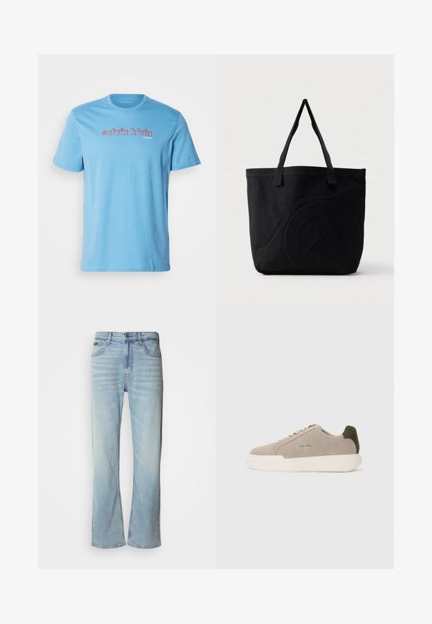 Svetlomodré bavlnené tričko s krátkymi rukávmi a okrúhlym výstrihom, s výrazným logom "calvin klein" napísaným červenou farbou cez hruď.; Svetlo modré džínsy so strihom rovného nohavice, obsahujúce päť vreciek, zapínanie na gombík a jemné vyblednutie na látke.; Béžové semišové tenisky s bielou gumovou podrážkou, zdobené tmavozeleným akcentom na päte a jemným brandingom na boku.; Čierna plátená taška s dvoma ramennými popruhmi a jemným vtlačeným kruhovým vzorom na prednej strane.
