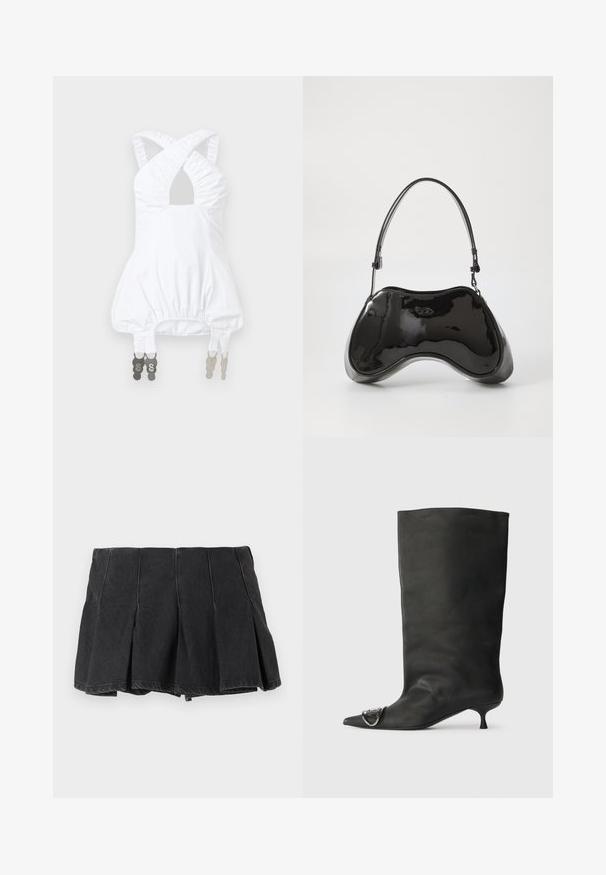 Haut blanc sans manches avec bretelles froncées croisées sur la poitrine, taille bouffante, et attaches métalliques réglables suspendues à l'ourlet.; Mini-jupe plissée noire avec détails de coutures visibles, en tissu denim, présentée sur un fond clair uni.; Bottines en cuir noir à bout pointu, petite talon et détail métallique sur le bout. Texture lisse et mate partout.; Sac à main en cuir verni noir avec une forme incurvée unique, une anse courte et ajustable, et une fermeture zippée. Texture lisse avec un branding discret.