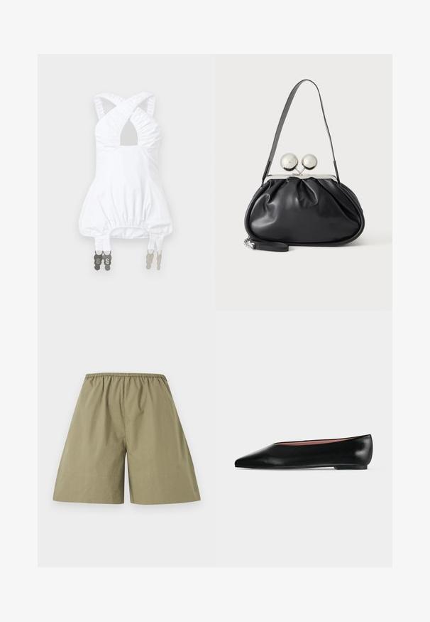 Haut blanc sans manches avec bretelles froncées croisées sur la poitrine, taille bouffante, et attaches métalliques réglables suspendues à l'ourlet.; Shorts longueur genou de couleur kaki avec une ceinture élastique, fabriqués en tissu léger, présentés sur un fond blanc uni.; Chaussure plate en cuir noir pour femme, avec bout pointu et petit talon, vue de côté sur un fond gris clair uni.; Sac à main en cuir noir avec un design plissé, une sangle unique, un cadre métallique argenté et deux grandes fermoirs ronds en argent.