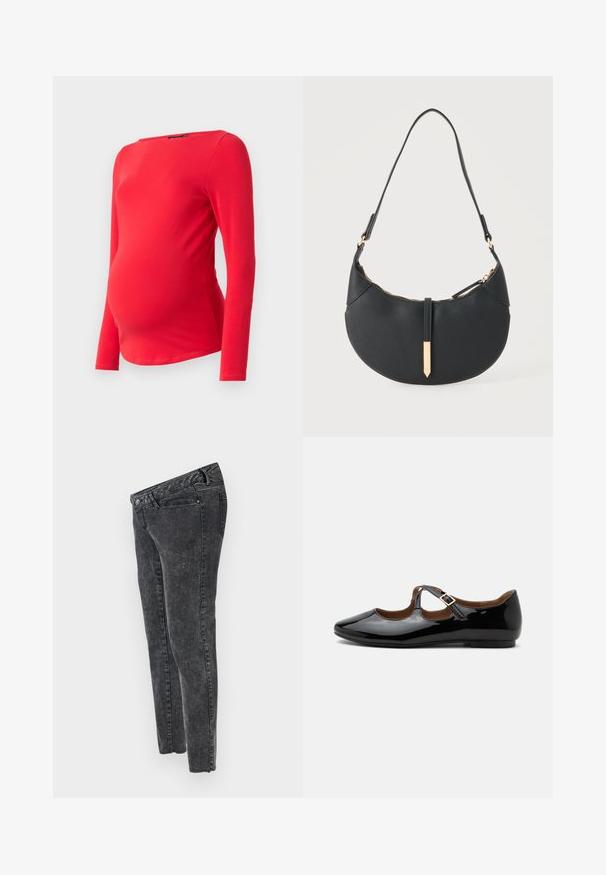 Blusa de maternidad roja de manga larga con escote redondo. Fabricada en una tela suave y elástica, diseñada para adaptarse a una barriga en crecimiento.; MAMALICIOUS Slim fit Mid waist Raw hems - Vaqueros slim fit - grey denim; Zapato plano Mary Jane de charol negro con dos recortes y una correa con hebilla dorada sobre fondo blanco.; Bolso negro en forma de media luna con una sola correa, cremallera dorada y una lengüeta decorativa rectangular dorada en la parte delantera.