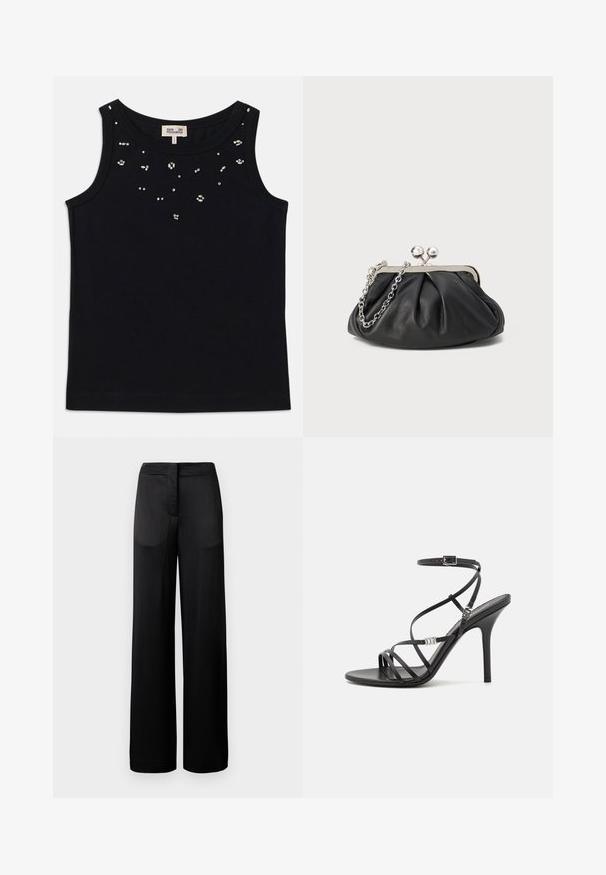 Débardeur noir sans manches avec un col rond, orné de petites embellissements en argent sur le devant. Fabriqué à partir d'un tissu doux.; Pantalons noirs à jambes larges avec une surface texturée, dotés d'une taille plate et de deux poches latérales. Le tissu semble léger et fluide.; Sandale noire à talons hauts avec des brides fines, une boucle à la cheville, une surface en cuir lisse et un talon aiguille élancé.; Porte-monnaie en cuir noir avec texture froncée, cadre en métal argenté, fermeture à verrouillage kiss-lock et bandoulière en chaîne. Surface lisse et douce.