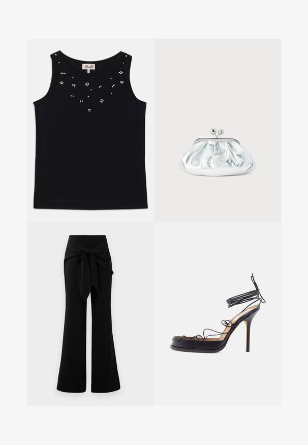 Débardeur noir sans manches avec un col rond, orné de petites embellissements en argent sur le devant. Fabriqué à partir d'un tissu doux.; Pantalons larges noirs avec un détail de lien à la taille. Fabriqués en tissu doux, avec une texture lisse et des lignes épurées. Ourlet légèrement évasé.; Sandale noire à talon haut avec des fines lanières en cuir entourant le pied et la cheville, dotée d'un talon aigu en forme de stiletto.; Petit sac pochette métallique argenté avec un design arrondi et froncé, fermeture à clip avec deux boules argentées.