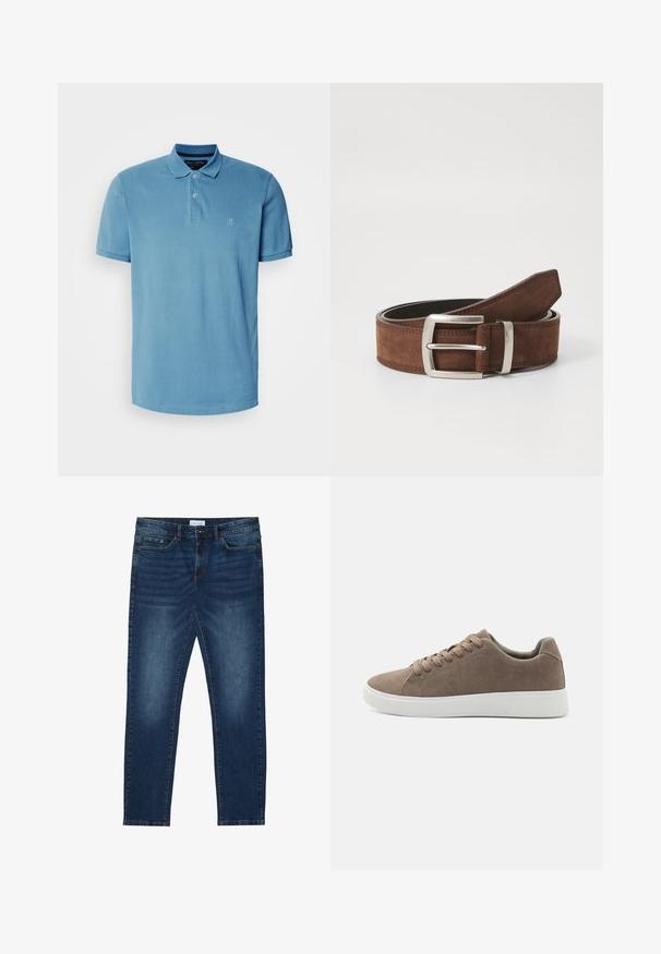 Lyseblå polo skjorte lavet af bomuld, med klassisk krave, tre-knap lukning og lille broderet logo på brystet.; Mørkeblå slim-fit jeans med falmede detaljer, klassisk fem-lomme design, knappelukning og bæltestropper.; Brune ruskinds sneakers med flade hvide gummisåler, snørelukning, rund tå og en glat overflade. Minimalistisk stil med diskrete syninger.; Brun ruskindsbælte med en sølvmetalspænde og linær syning. Bæltet er fladt og har en klassisk bredde og form.