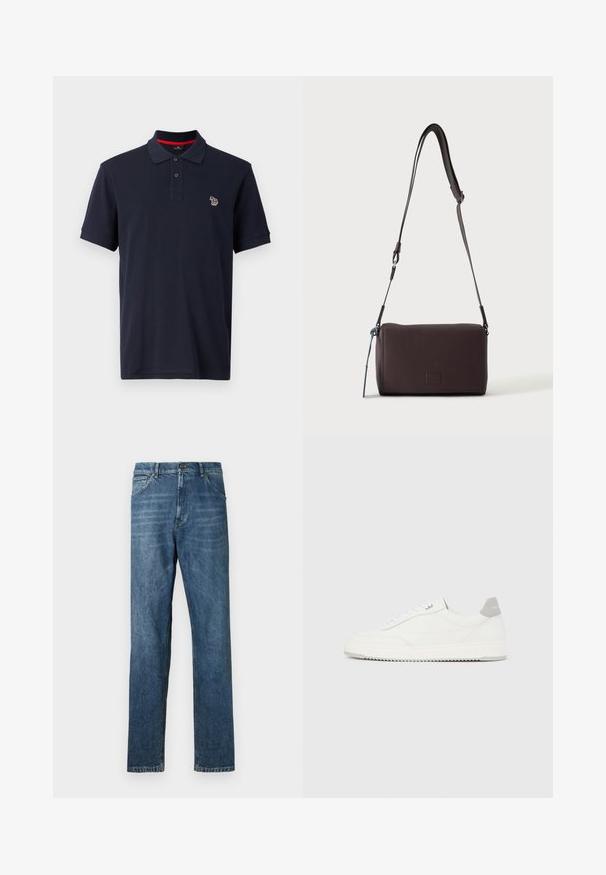 Polo shirt marine en coton, avec un col traditionnel, une patte de boutonnage à trois boutons et un petit logo brodé sur la poitrine gauche.; Jeans en denim bleu foncé, design à jambe droite, style à cinq poches, couture visible et fermeture à bouton classique. Effet de délavage léger sur le tissu.; Baskets basses blanches avec un onglet de talon gris, des lacets blancs et une semelle texturée, présentées sur un fond uni clair.; Sac bandoulière en cuir marron foncé texturé avec une sangle réglable et un petit accent décoratif bleu sur le côté.
