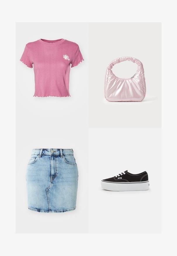 Roze cropped t-shirt met ribbelstructuur en golvende randen. Heeft een witte bloemenborduursel op de linkerborst. Lichtgewicht stof.; Lichtblauwe denimrok met een aansluitende pasvorm, vijf zakken, een knoop- en ritssluiting en gestikte details langs de zoom.; Zwarte canvas sneaker met een witte rubberen platformzool, voorzien van witte veters en stiksels, iconische branding op de zijkant, low-top ontwerp.; Roze, gevoerde handtas met een afgeronde vorm, gemaakt van glanzend materiaal. Beschikt over een geplooide handgreep en een ritssluiting voor veilige toegang.