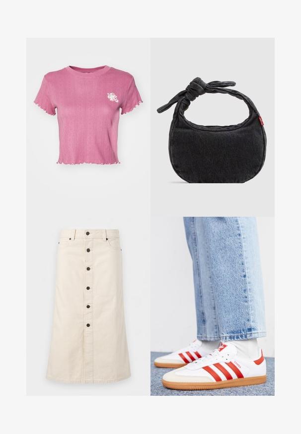 Roze cropped t-shirt met ribbelstructuur en golvende randen. Heeft een witte bloemenborduursel op de linkerborst. Lichtgewicht stof.; Beige denim rok tot op de knie met zwarte knopen aan de voorkant, riemlussen en zijzakken tegen een effen witte achtergrond.; Witte leren sneakers met rode strepen en accenten. Voorzien van een getextureerde gumrubberen outsole en een gevoerde kraag. Draag ze met lichtblauwe denim.; Kleine zwarte denim schoudertas met een gestrikte riem en ritssluiting, met een rood Levi's stoffen label aan de zijkant.