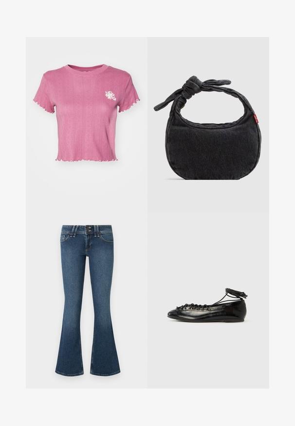 Camiseta cropped rosa con textura acanalada y bordes festoneados. Presenta un bordado floral blanco en el lado izquierdo del pecho. Tejido ligero.; Jeans de mezclilla azul con pantalón acampanado y cintura alta, que cuentan con cierre de dos botones, cinco bolsillos y costuras en contraste a lo largo de las costuras.; Zapatos planos tipo ballet de charol negro con punta redondeada, diseño con cordones y suela plana. Textura lisa con detalles mínimos.; Bolso pequeño de hombro de mezclilla negra con correa anudada y cierre de cremallera, con una etiqueta de tela roja de Levi's en el lateral.