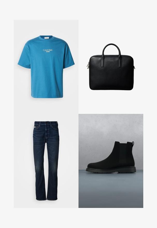 Sinine puuvillane T-särk, millel on ümmargune kaelus ja lühikesed varrukad, ning selja peal on keskel kollases tikandis "Calvin Klein JEANS" logo.; Tumedast sinistest denimitest teksad, otse jalaridadega disainiga, õrnade tuhmumistega, nupuga kinnitusega ja traditsiooniliste viie taskuga stiiliga.; Mustad mustankott, mis on valmistatud siledast materjalist, peente õmblustega, kummitald ja stiilne disain, asetatud puidustruktuuriga pinna kohale.; Mustast tekstuuriga nahast portfell kahe käsitsemisvõimalusega ja hõbedaste tõmblukuga, valge tausta keskel.