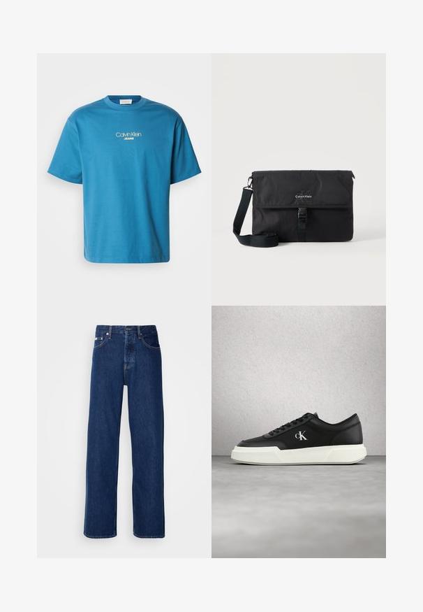 Sinine puuvillane T-särk, millel on ümmargune kaelus ja lühikesed varrukad, ning selja peal on keskel kollases tikandis "Calvin Klein JEANS" logo.; Tumedat sinised teksapüksid laia säärega, millel on nupulehe ja klassikaline viie taskuga stiil. Kangas on sileda tekstuuriga.; Must nahast toss valge tallaga ja "cK" logoga, kujutatud õhus klaasplokkseinaga ja betoonpõrandaga taustal.; Must Calvin Klein õlakott reguleeritava rihmaga ja esiklapiga, mis on kinnitatud pandlaga, kuvatud ühevärvilise tausta ees.