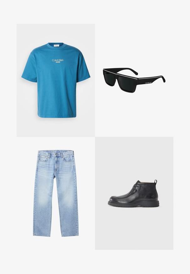 Blå bomulds t-shirt med rund halsudskæring og korte ærmer, med "Calvin Klein JEANS" logo i gul bordur centreret på brystet.; Lyseblå denimjeans med lige ben, forlommer, bæltestropper, knaplukning og et lille Calvin Klein-mærke på højre forlommes forside.; Sorte læder ankelstøvler med rund tå, snørelukning og en løkke bagpå. Tekstureret overdel og gummisål.; Calvin Klein Jeans Solbriller - black