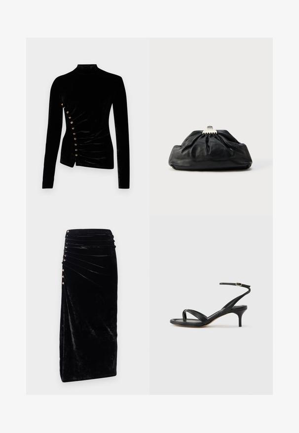 Rabanne Langærmet T-shirt - black; Rabanne Pencil skirt - black; Sort damesandal i læder med tynde remme, en tå-loop, ankelspænde og en mellemhøj stiletthæl på en neutral baggrund.; Sort læderclutch med en samlet tekstur, metal lukning og diskret præget logo på forsiden. Rundet form.