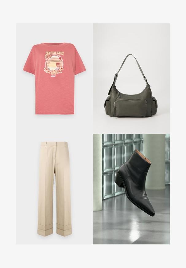 Roze katoenen t-shirt met korte mouwen. Heeft een zonsondergangafbeelding met strepen, palmbomen en bloemen. Met een ronde hals.; Beige broek met een rechte pasvorm, voorzien van een dubbele manchet aan de zoom en een vlakke voorkant. Gemaakt van een gladde, duurzame stof.; Zwarte leren enkellaars met een spitse neus en blokhak die zweeft boven een reflecterende grijze vloer nabij een glazen blokmuur.; Groene leren schoudertas met een gebogen ontwerp, met een ritsvak aan de voorkant en extra zijvakken. Gladde textuur en minimale hardware.