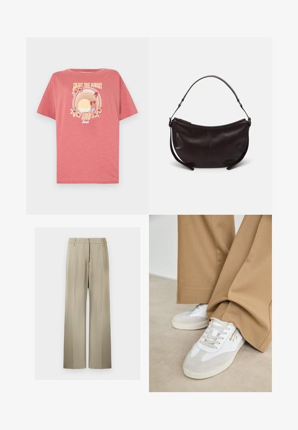 Roze katoenen t-shirt met korte mouwen. Heeft een zonsondergangafbeelding met strepen, palmbomen en bloemen. Met een ronde hals.; Wijde broek met een zachte beige stof, voorzien van een flatte voorkant, riemlussen en een gladde textuur. Standaard tailleband zonder zichtbare patronen.; Witte sneakers met suède accenten, gestructureerde veters en een rubberen zool. Gecombineerd met losse beige broek. Logo zichtbaar aan de zijkant.; Donkerbruine leren schoudertas met een gebogen vorm, gladde textuur en een enkele verstelbare strap. Voorzien van een ritsluiting.