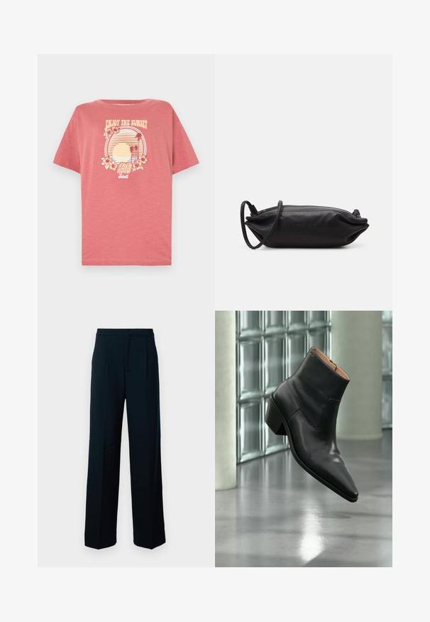 T-shirt en coton rose à manches courtes. Présente un motif de coucher de soleil avec des rayures, des palmiers et des fleurs. Design à col rond.; Pantalons larges noirs en tissu lisse, avec une taille haute, des plis avant et un design épuré et minimal.; Bottine en cuir noir avec un bout pointu et un talon carré lévitant au-dessus d'un sol gris réfléchissant près d'un mur en blocs de verre.; Pochette en cuir noir de forme rectangulaire, texture lisse, fine bandoulière et design minimaliste.