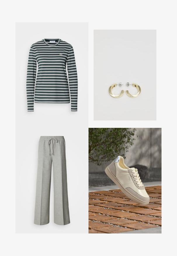 Camisa de manga larga y cuello redondo con rayas horizontales en verde oscuro y blanco. Presenta un pequeño logo bordado en el pecho. Tejido suave.; Pantalones anchos de pierna recta en gris claro con cintura elástica y cordón, bolsillos delanteros y una tela con textura sutil.; Zapatilla beige y crema con detalle plateado en el talón, cordones atados, situada sobre una superficie de madera con baldosas, con vegetación desenfocada y pared de fondo.; Pendientes de aro de metal en tono dorado con un acabado liso y brillante y un diseño parcialmente circular. Sujetos con postes en tono plateado y cierres traseros.