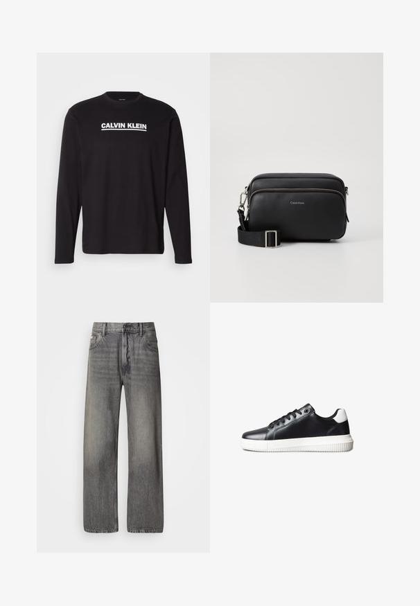 Sort langærmet skjorte lavet af bomuld, med en hvid "CALVIN KLEIN" logo tværs over brystet. Rund halsudskæring og tætsiddende ærmer.; Vide bukser i mørkegråt denim med en falmet finish. Har klassisk fem-lomme design og bæltestropper.; Sorte lædersneakers med en glat tekstur, hvid gummisål, snørelukning og en kontrasterende hvid hældetalje.; Sort læder crossbody taske med to lynlåslommer, struktureret overflade, justerbar rem og sølvhardware detaljer. Calvin Klein-logoet er vist.