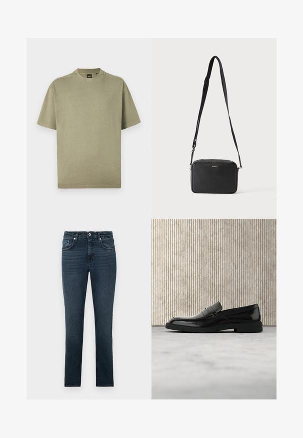 Camiseta de algodón suave de manga corta en verde oliva con cuello redondo y diseño sencillo, que presenta un logotipo sutil en el escote.; Jeans ajustados de color azul oscuro con bolsillos frontales, botón y presillas para cinturón, exhibidos sobre un fondo claro y liso.; Zapato loafer de cuero negro pulido flotando sobre una alfombra beige con muebles translúcidos naranjas de fondo.; Bolso bandolera rectangular negro con correa ajustable y logo BOSS en la parte delantera, sobre un fondo claro liso.