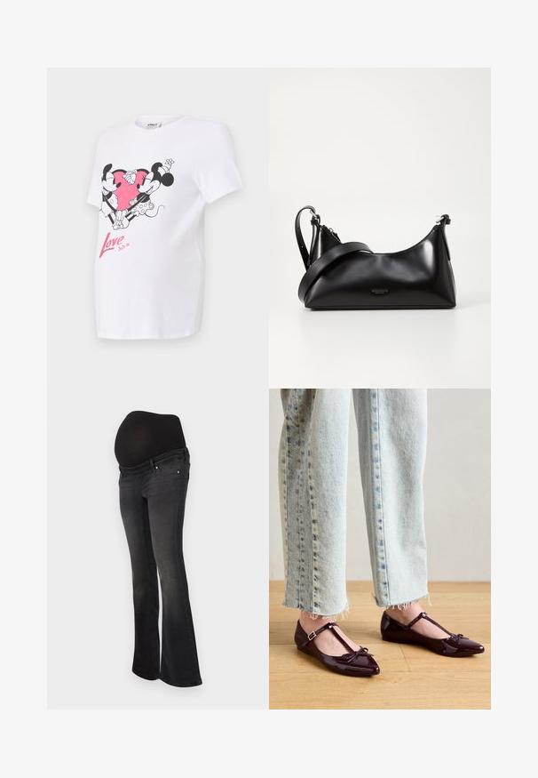 Hvid T-shirt med et grafik af Mickey og Minnie Mouse, der holder hænder, med et pink glimmer-hjerte og teksten "Kærlighed" i pink nedenfor.; Graviditetsjeans i mørkegrå denim med en strækbar sort panel til støtte af maven, design med udvidet ben og klassisk fem-lomme stil.; Blanke bordeauxrøde balletflade sko med T-rem, der har en sløjfedetalje ved tåen. Kombination med cropped lyseblå denimjeans.; Sort læderhåndtaske med en glat tekstur. Har en justerbar stropp og et enkelt, minimalistisk design med lynlås.
