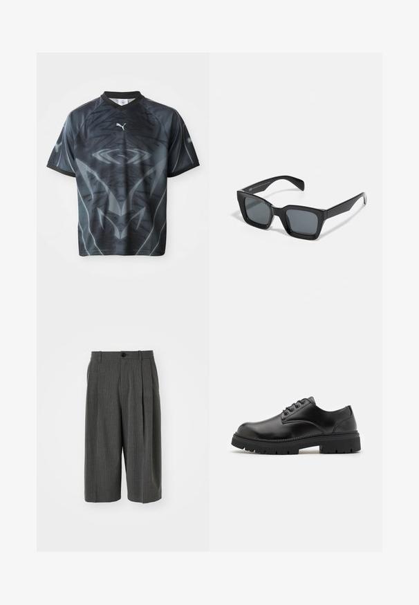 Korte mouwen zwart en grijs sportshirt met een tribal-achtige patronen en een klein wit Puma-logo op de voorkant.; Grijze pinstriped wijde shorts met een knoopsluiting en geplooide voorkant. Gemaakt van een textiel met structuur, en heeft een tailored ontwerp.; Zwarte leren schoenen met een ronde neus, vetersluiting en een dikke, gestructureerde rubberen zool. Kenmerken zijn stiksels langs de rand en een gladde afwerking.; Zwarte rechthoekige zonnebril met donkere lenzen. Kunststof frame met een glanzende afwerking, met een brede neusbrug en licht taps toelopende pootjes.