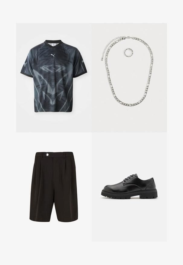 Kurzärmliges schwarzes und graues Sporttrikot mit einem stammesähnlichen Muster und einem kleinen weißen Puma-Logo auf der Vorderseite.; Schwarze maßgeschneiderte Shorts mit hoher Taille, ausgestattet mit Falten, einem silbernen Knopfverschluss und einer glatten Stoffstruktur.; Schwarze Lederschuhe mit runder Zehenform, Schnürdesign und einer dicken, strukturierten Gummisohle. Sie verfügen über eine Naht entlang des Randes und haben eine glatte Oberfläche.; Silberfarbener Schmuckset mit einer dicken Kettenhalskette mit einem Karabinerverschluss und einem passenden strukturierten Ring. Beide Teile sind glänzend und metallisch.