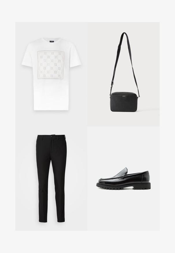 T-shirt en coton blanc présentant un grand motif carré subtil en beige clair avec des formes arrondies et des accents, terminé par un col rond.; Pantalon noir ajusté, avec une fermeture à bouton, une braguette zippée et deux poches avant. Tissu lisse avec un fini mat.; Mocassin en cuir noir avec semelle en caoutchouc épaisse, dessus cousu et nom de marque embossé sur le talon, présenté de profil sur fond blanc.; Sac bandoulière rectangulaire noir avec sangle réglable et logo BOSS sur le devant, sur un fond clair uni.