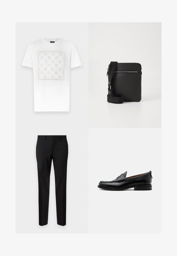 T-shirt en coton blanc présentant un grand motif carré subtil en beige clair avec des formes arrondies et des accents, terminé par un col rond.; Pantalons noirs ajustés en tissu lisse, présentant une jambe droite, des détails de pli raffinés et une taille classique avec passants de ceinture.; Mocassin homme en cuir noir avec couture moc toe, bride penny, col texturé et petit talon empilé sur fond blanc.; Sac à bandoulière en cuir noir avec une surface texturée, poche avant zippée et une sangle en tissu réglable. Design simple et carré.